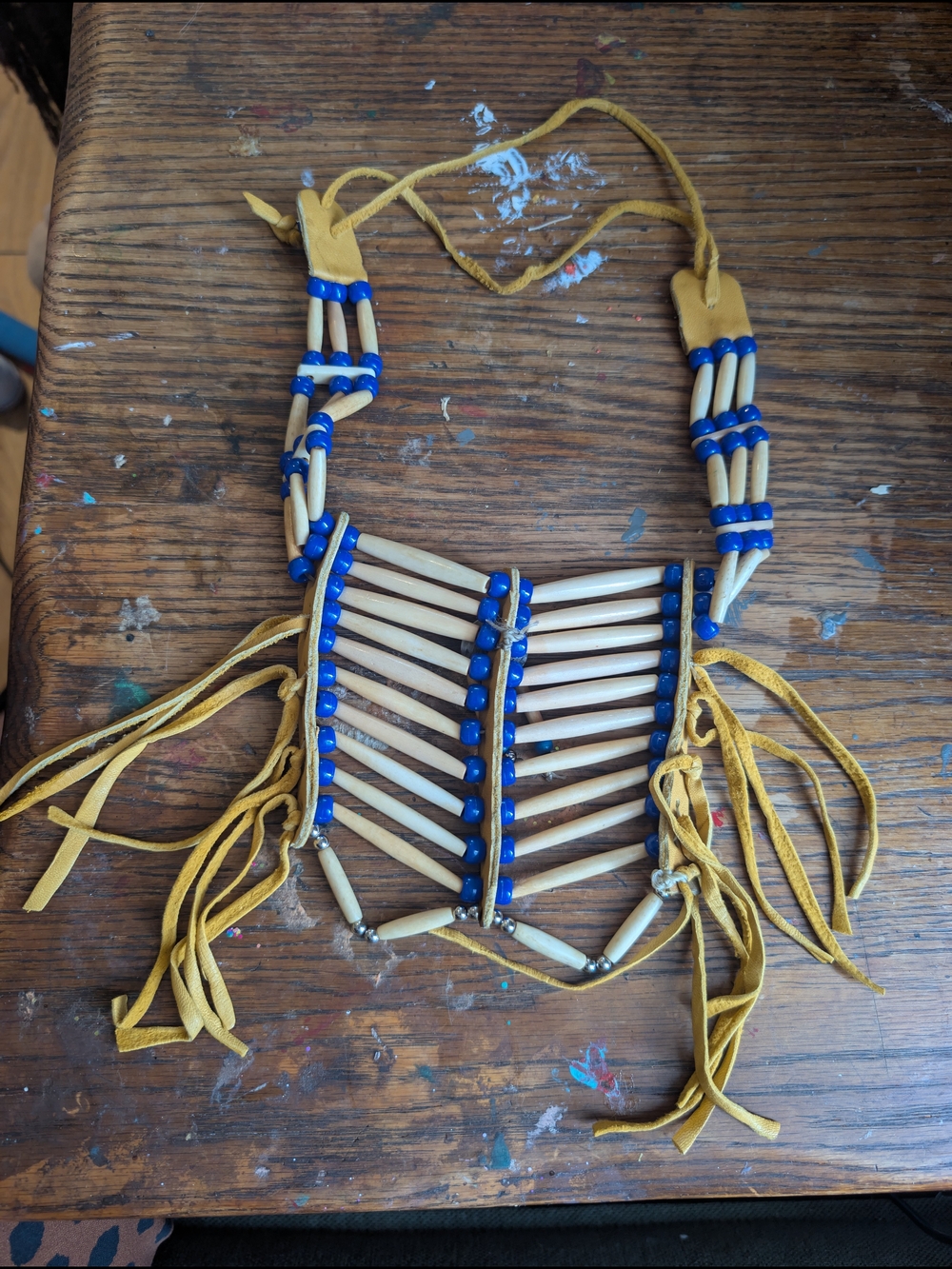 Handmade Native-Inspired Beaded Chest Plate Necklace - Blue & Mustard